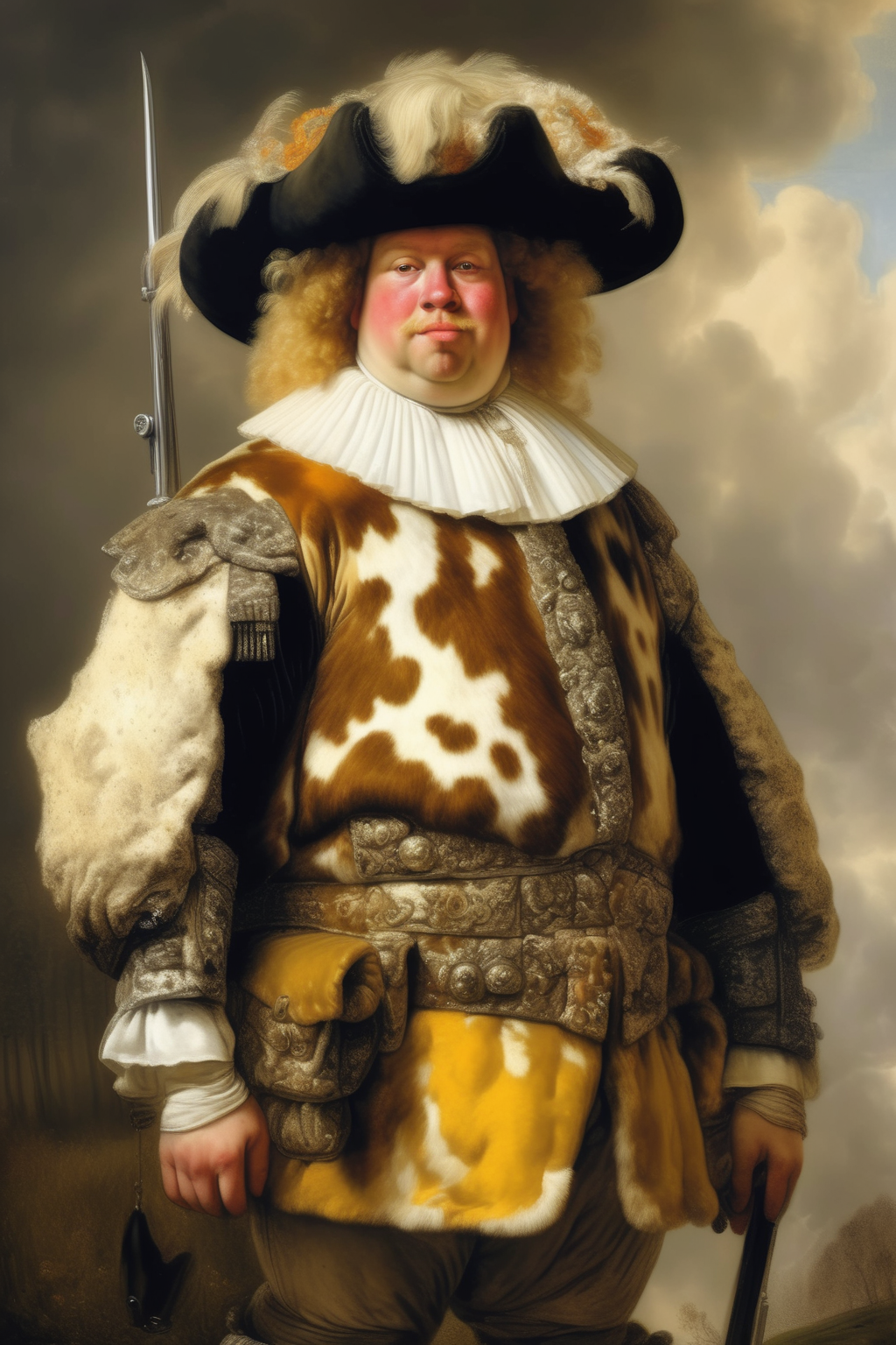 00464-3617699904-_lora_Jan van Goyen Style_1_Jan van Goyen Style - An illustration from a painting by Rembrandt of a Simmental dressed as a soldi.png